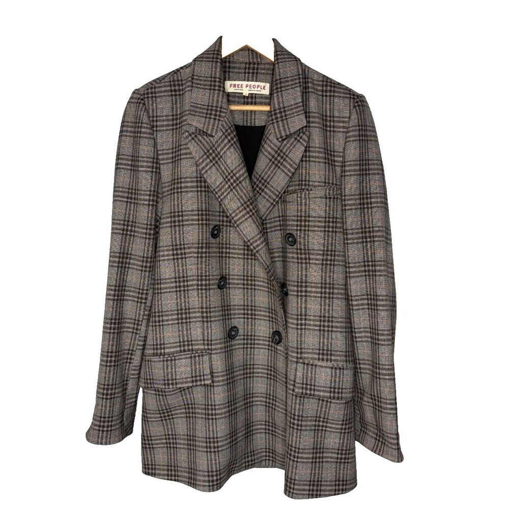 Free People Grey Plaid Longline Double Breasted Long Blazer Women’s Small